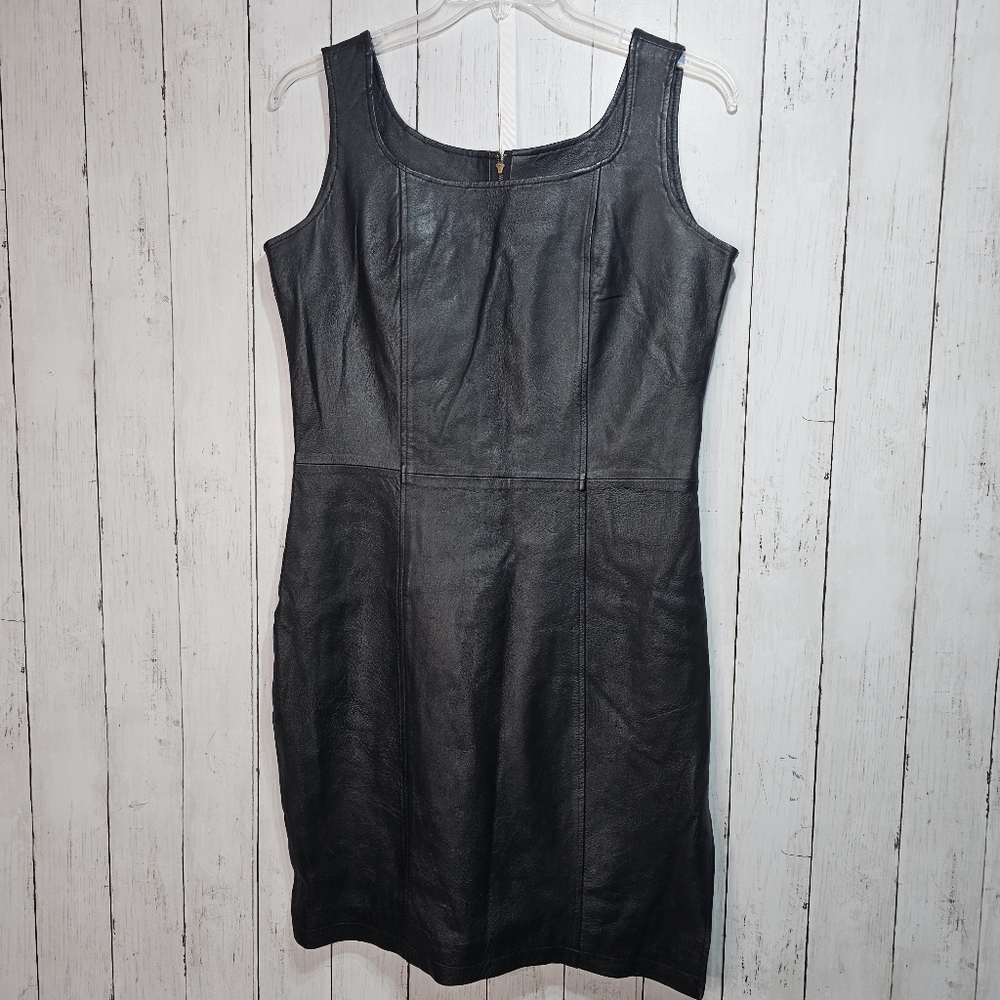 Vintage 90s AMI Women's Black Leather Dress Lined Zip Back Side Slit Size Large.